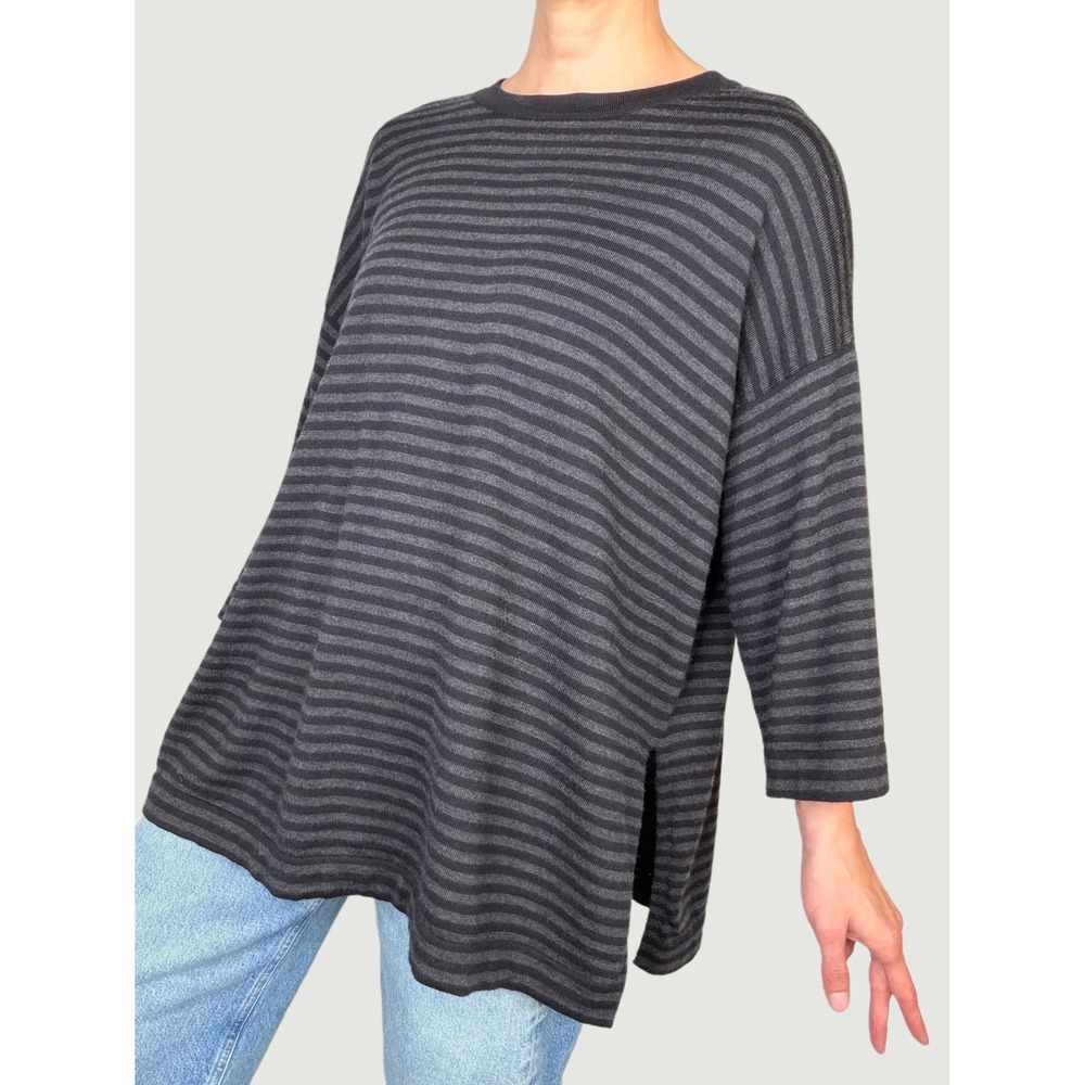Eileen Fisher Merino Wool Striped Sweater Tunic Top Grey Black Side Slit S M